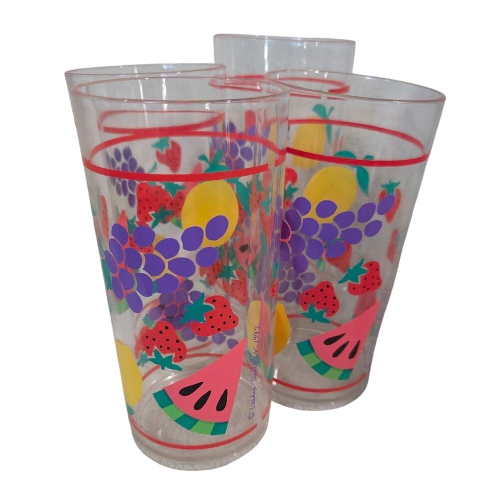 Set 4 Vtg Leahy 1992 Fruit Plastic Drinking Glasses Cups Watermelon Tumbler